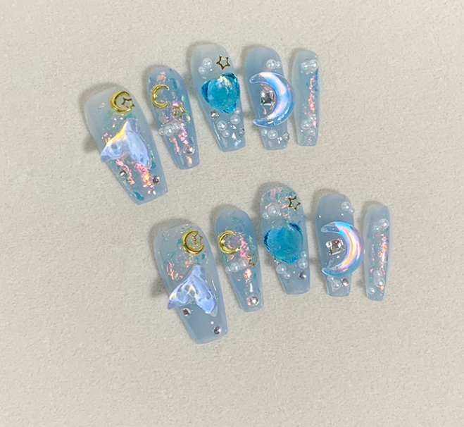 Summer Blue Ice Nail Art - 3D Love Ocean Design