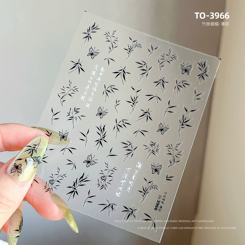 Black and White Bamboo Liquid Catkins Nail Art Stickers - Butterfly and Leaf Design