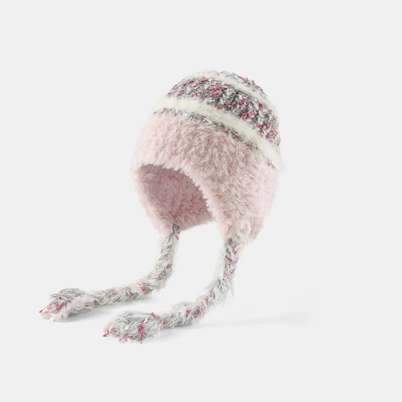 Ethnic Style Striped Knitted Hat for Women - Thickened Woolen Ear Protection