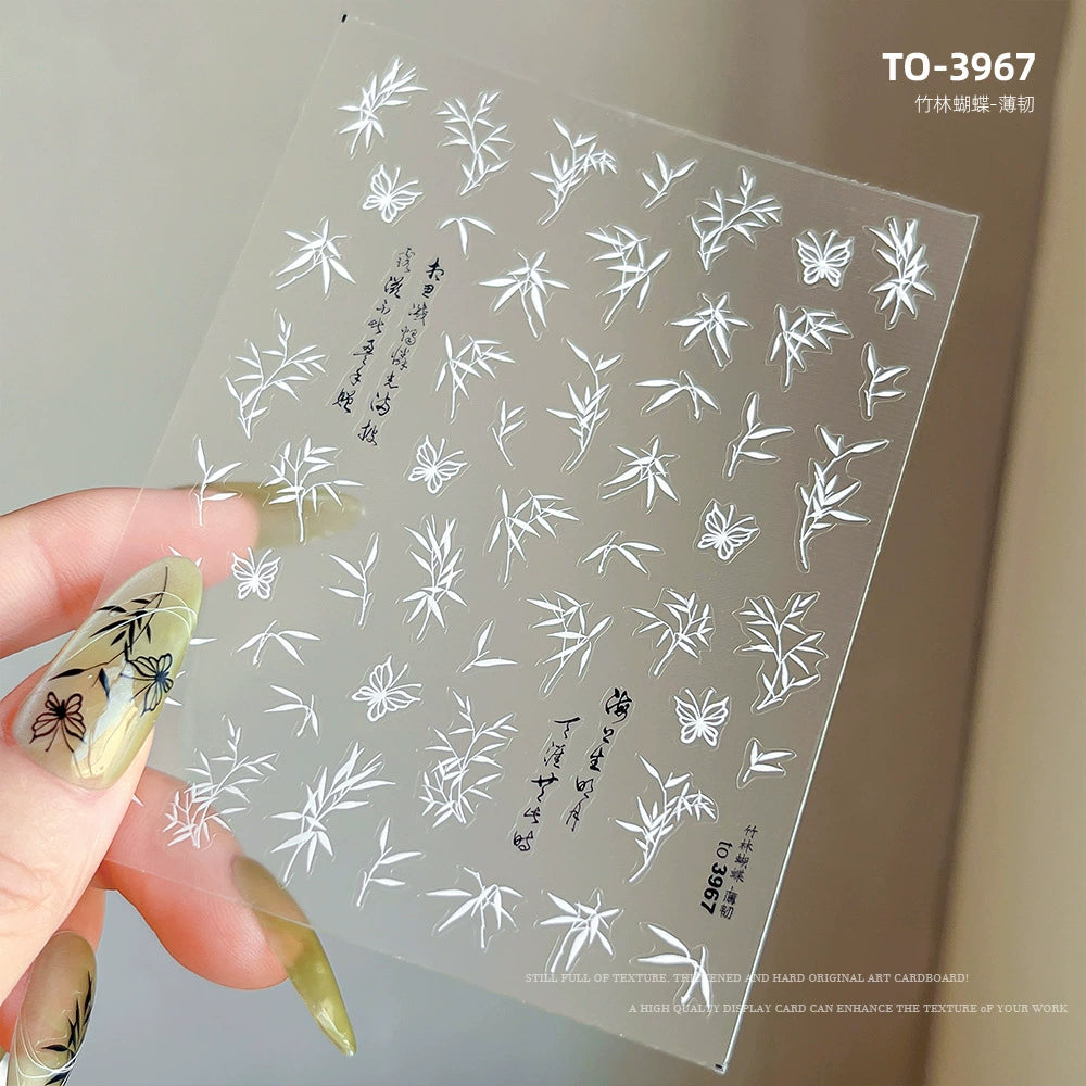 Black and White Bamboo Liquid Catkins Nail Art Stickers - Butterfly and Leaf Design