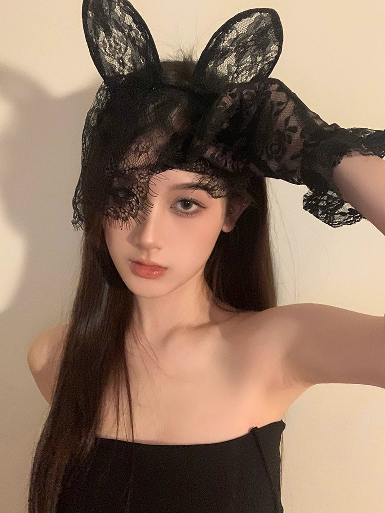 Masquerade Black Lace Bunny Ear Headband