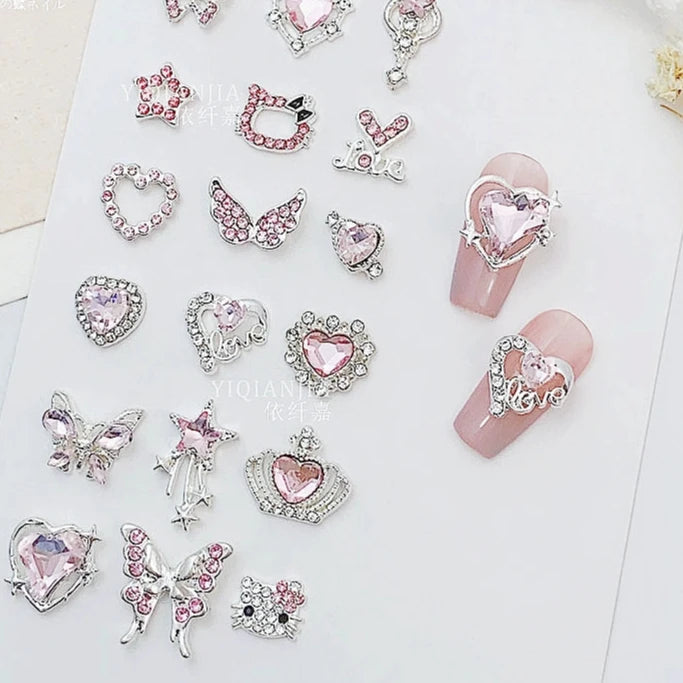 Pink Valentine's Day Nail Art Jewelry - Diamond Studded Peach Heart Butterfly