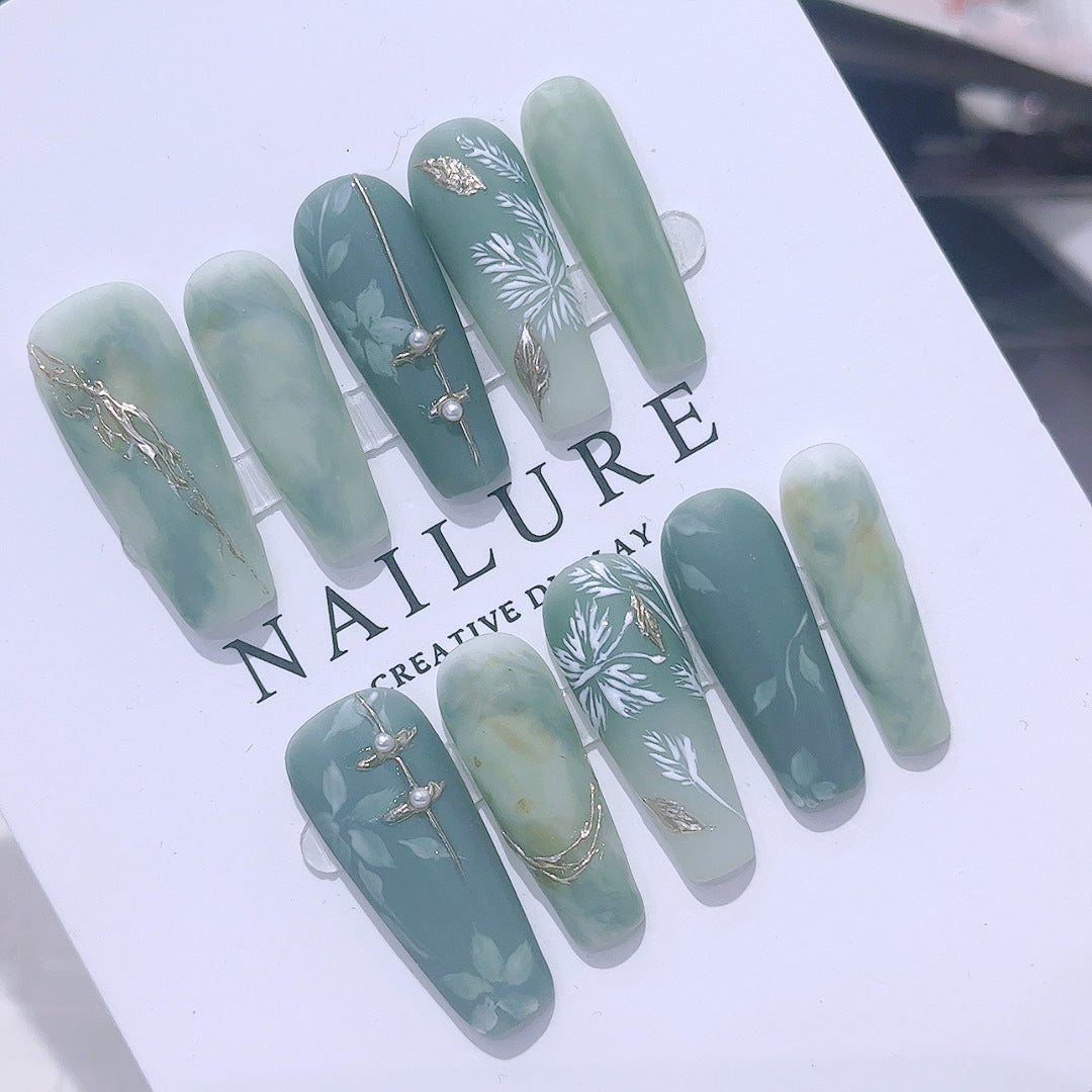 Jade Garden Nail Art - Graceful Green Silk Watercolor Design