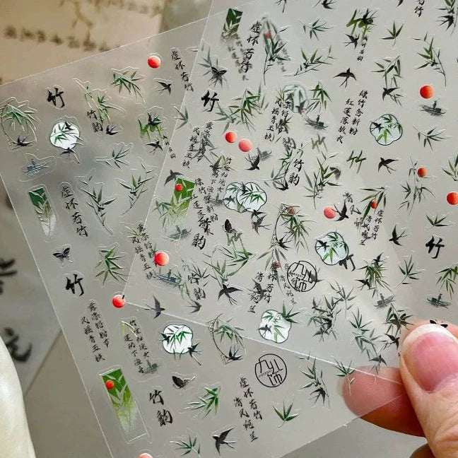 Black and White Bamboo Liquid Catkins Nail Art Stickers - Butterfly and Leaf Design
