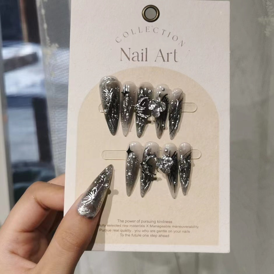 Original hand-worn nails metallic hand-painted liquid butterfly dark flowers are in full bloom Butterflies are detachable