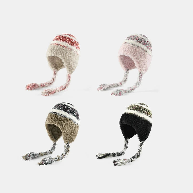 Ethnic Style Striped Knitted Hat for Women - Thickened Woolen Ear Protection