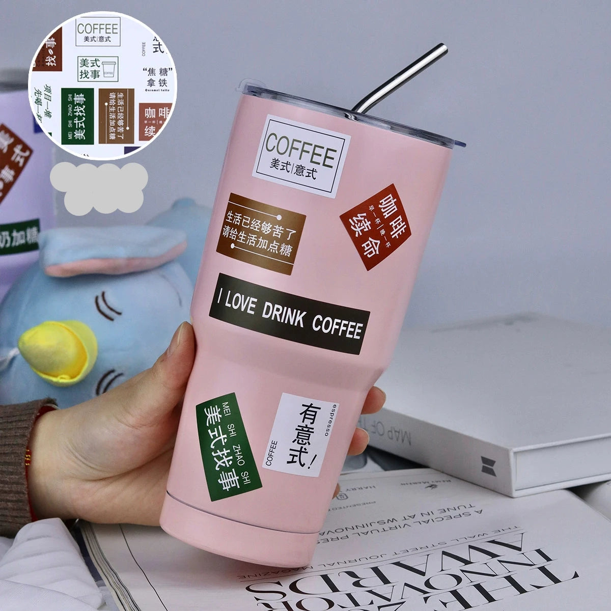 Large Capacity Female Straw Thermos Cup - 304 Stainless Steel