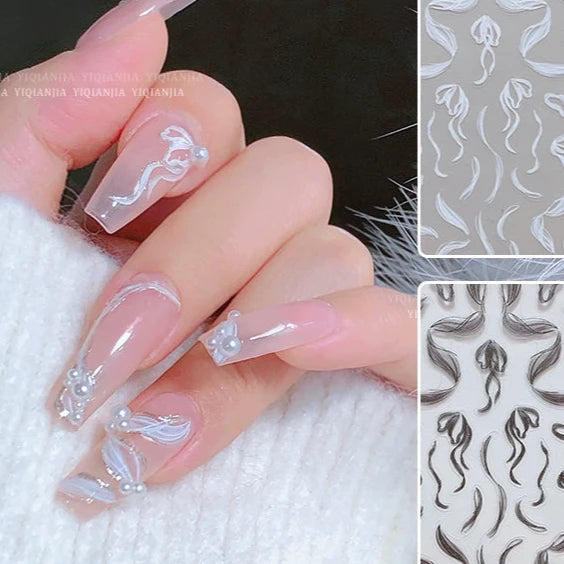 Ballet Streamer Nail Art Sticker - Black and White Camellia Design