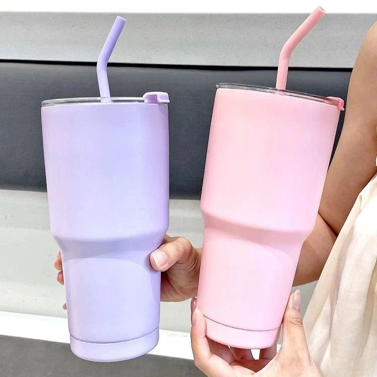 Large Capacity Female Straw Thermos Cup - 304 Stainless Steel