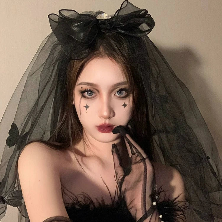 Fallen Angel Black Hair Ornament with Bow and Veil