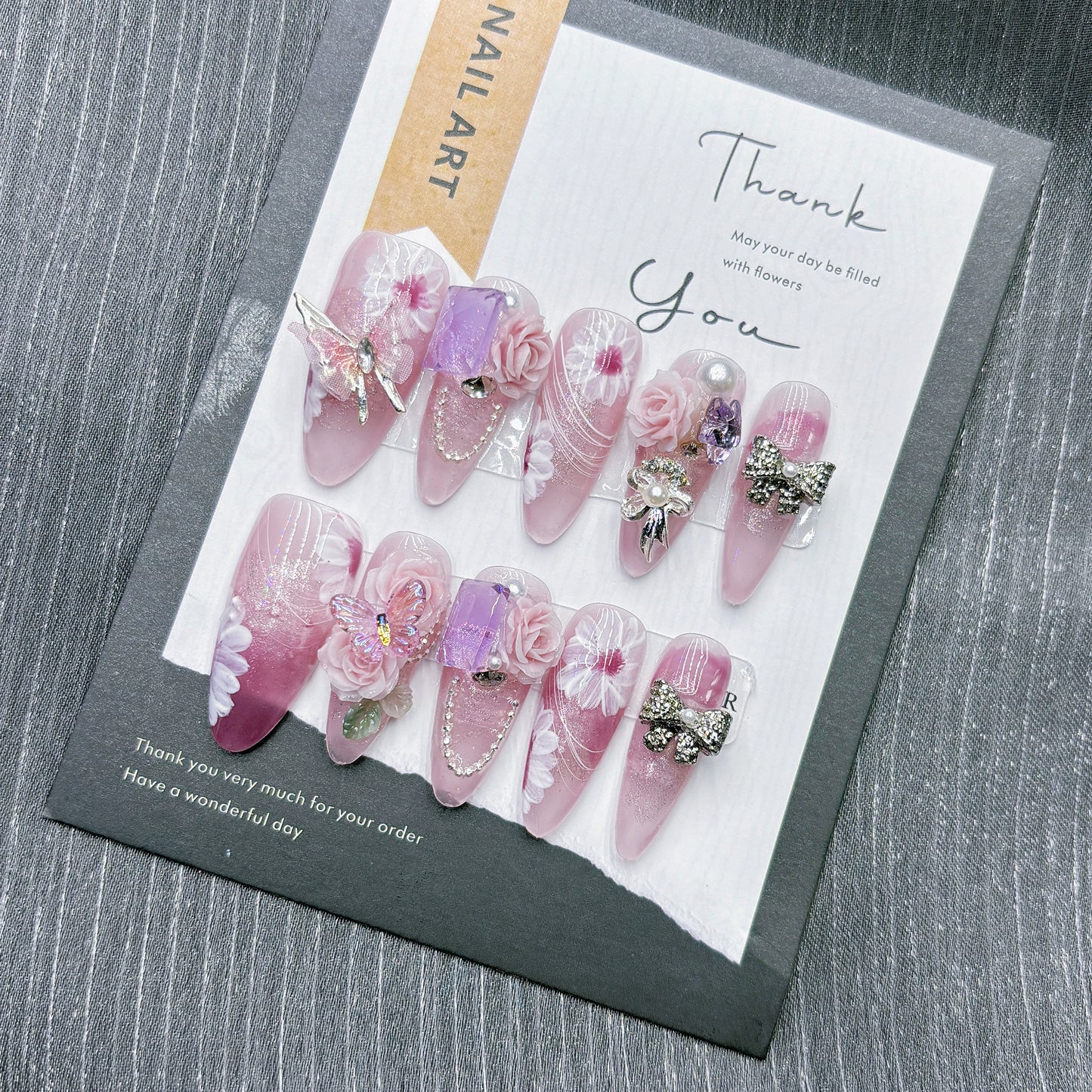 Peach Pink Butterfly Handmade Nail Art