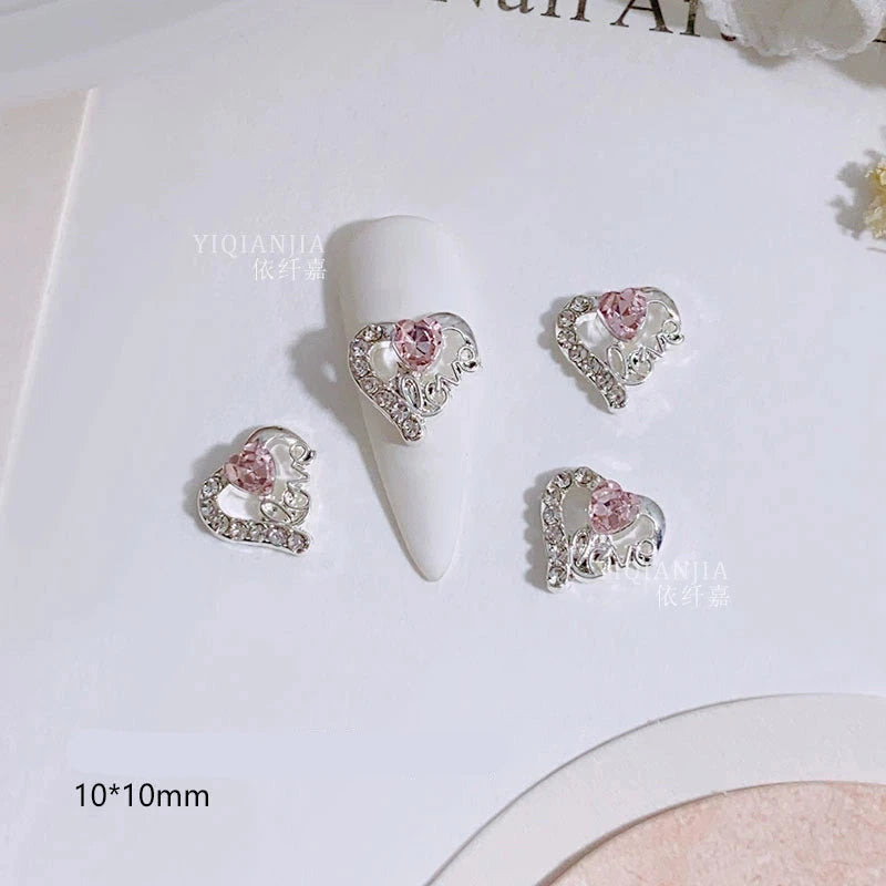 Pink Valentine's Day Nail Art Jewelry - Diamond Studded Peach Heart Butterfly