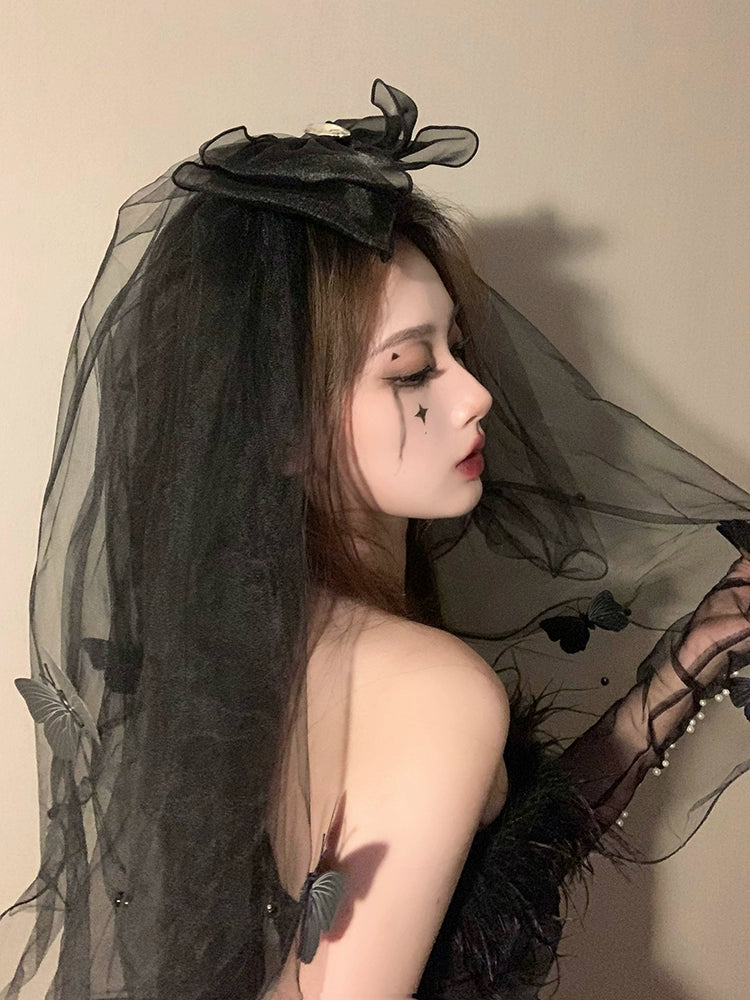 Fallen Angel Black Hair Ornament with Bow and Veil