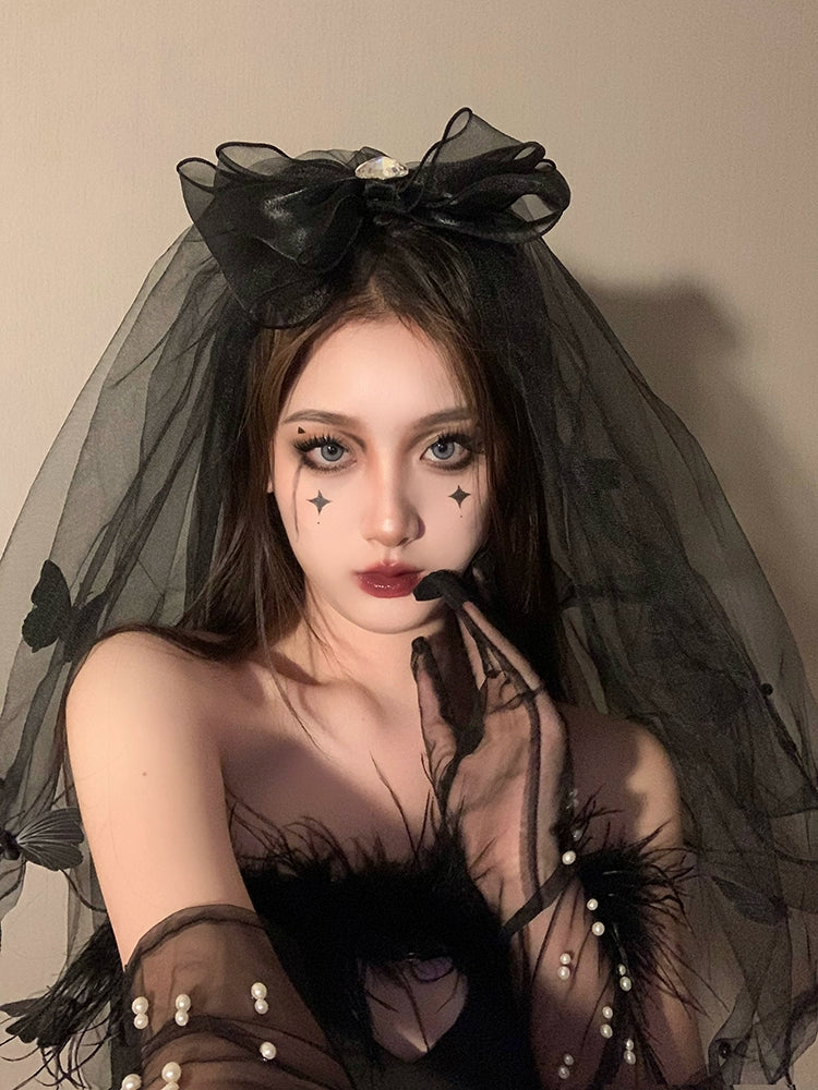 Fallen Angel Black Hair Ornament with Bow and Veil