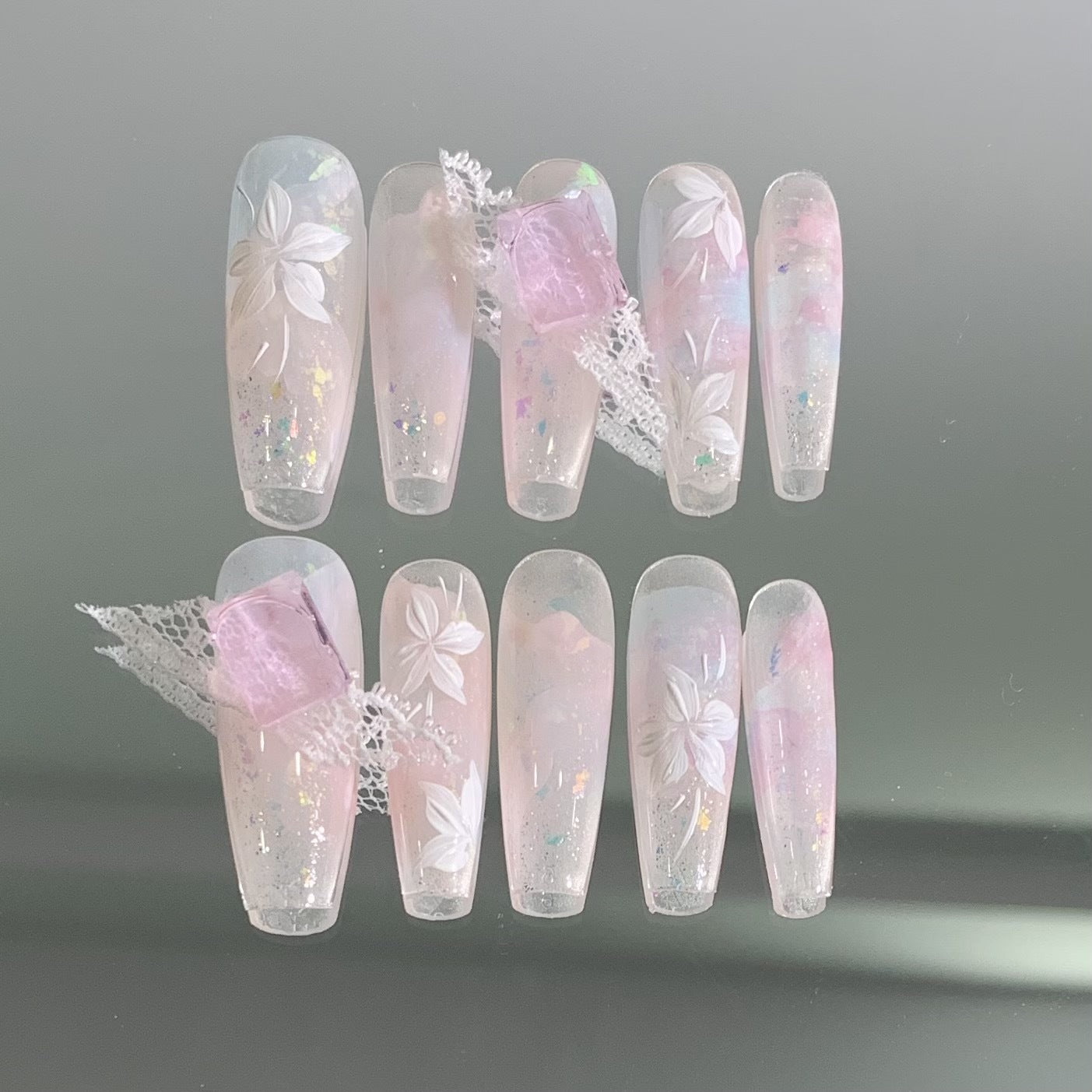Handmade Dreamy Pink Blue Nail Art - Opal Pink Petal Design with Diamonds