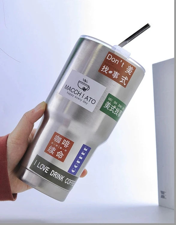 Large Capacity Female Straw Thermos Cup - 304 Stainless Steel