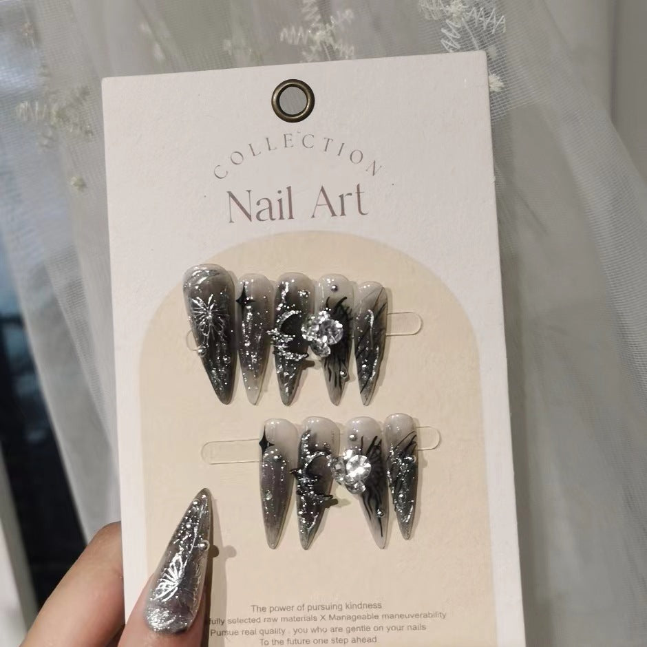 Original hand-worn nails metallic hand-painted liquid butterfly dark flowers are in full bloom Butterflies are detachable