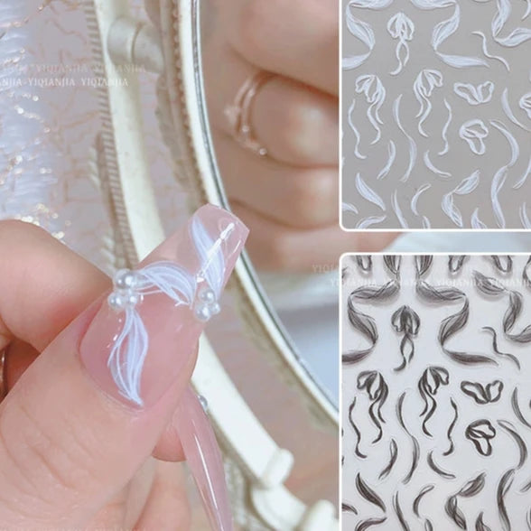 Ballet Streamer Nail Art Sticker - Black and White Camellia Design