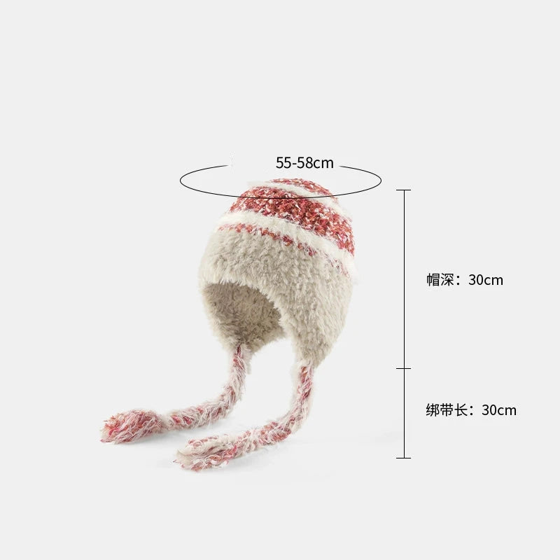Ethnic Style Striped Knitted Hat for Women - Thickened Woolen Ear Protection