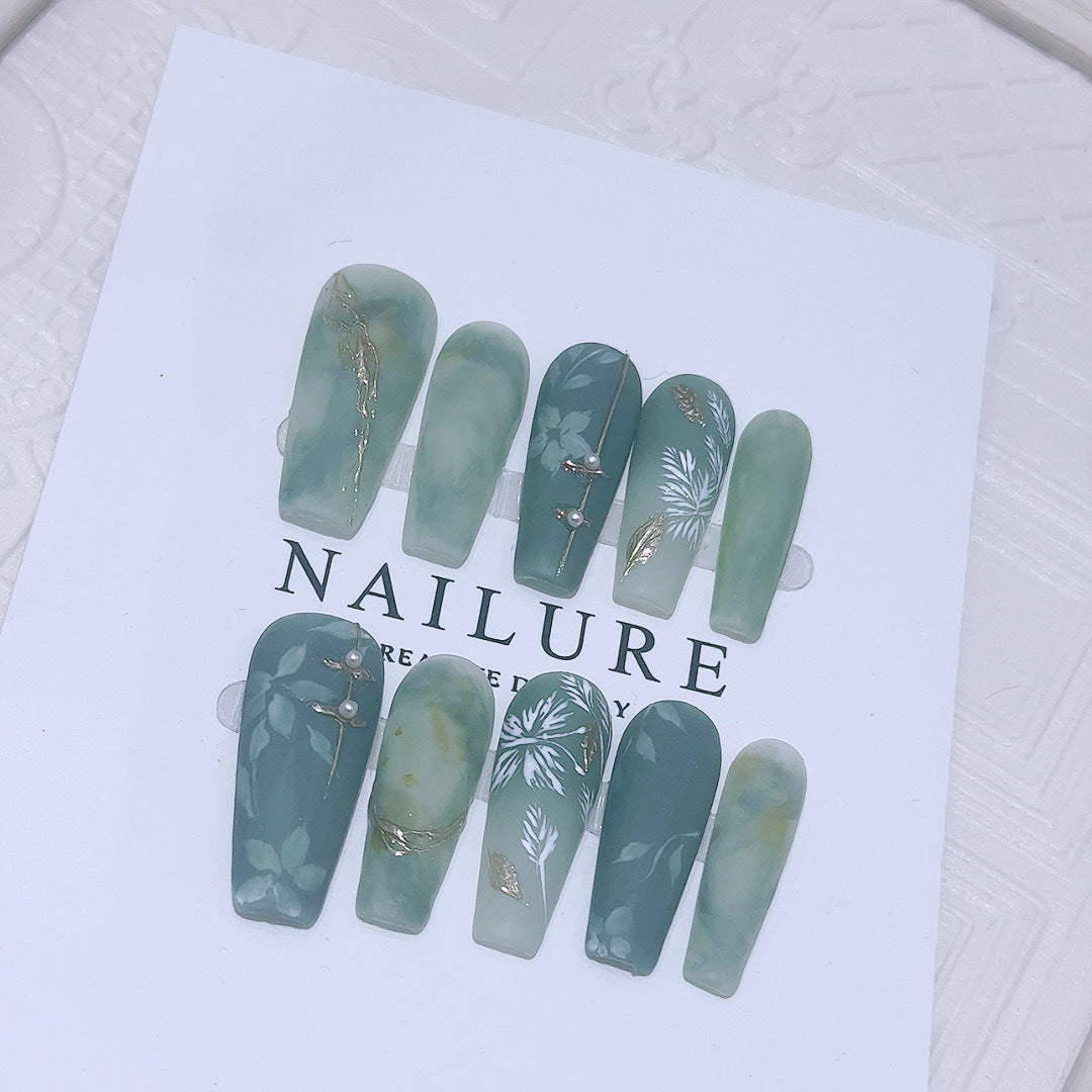 Jade Garden Nail Art - Graceful Green Silk Watercolor Design