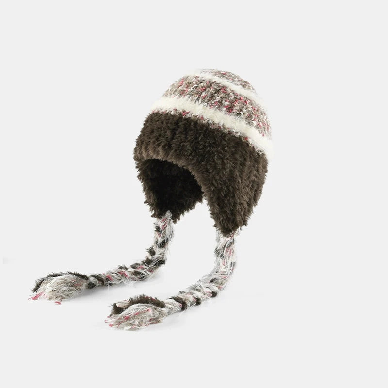 Ethnic Style Striped Knitted Hat for Women - Thickened Woolen Ear Protection