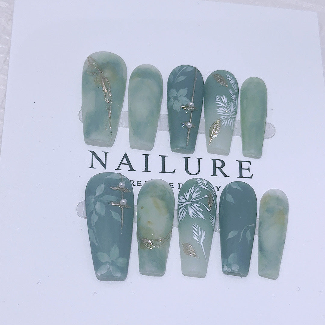 Jade Garden Nail Art - Graceful Green Silk Watercolor Design