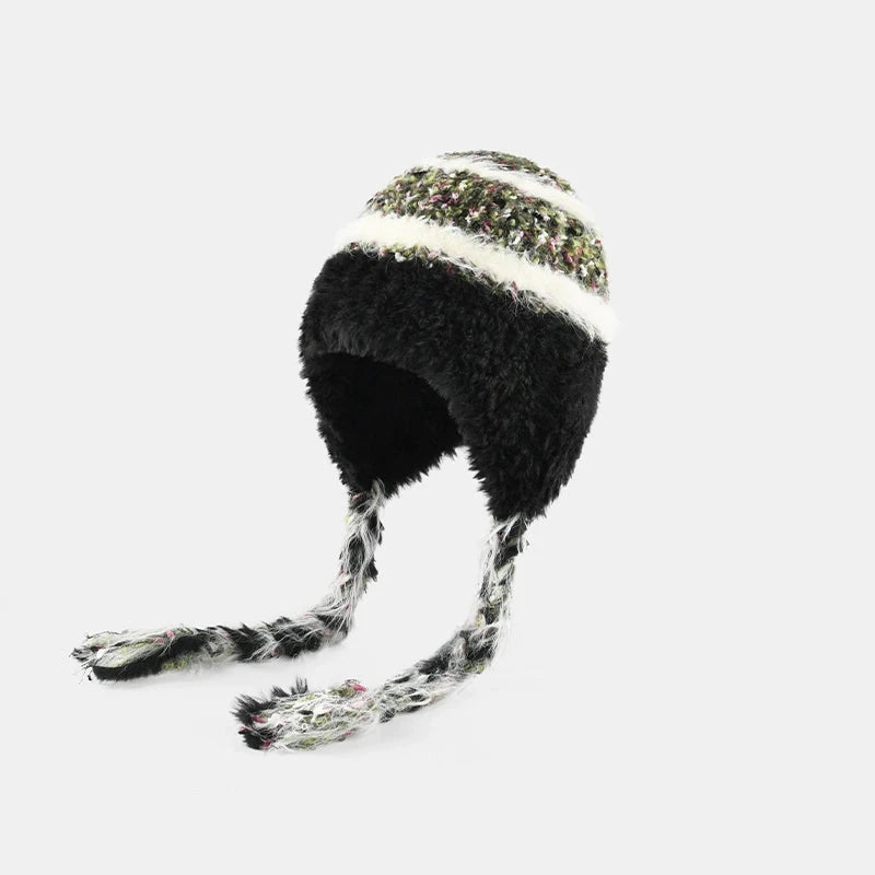 Ethnic Style Striped Knitted Hat for Women - Thickened Woolen Ear Protection
