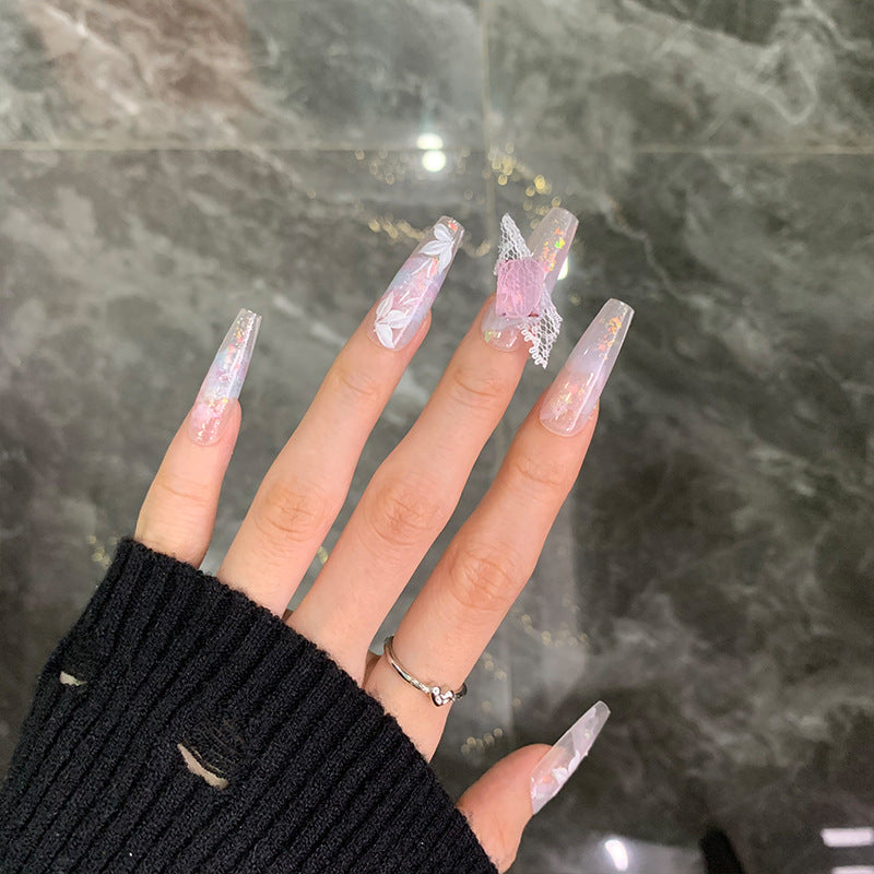 Handmade Dreamy Pink Blue Nail Art - Opal Pink Petal Design with Diamonds