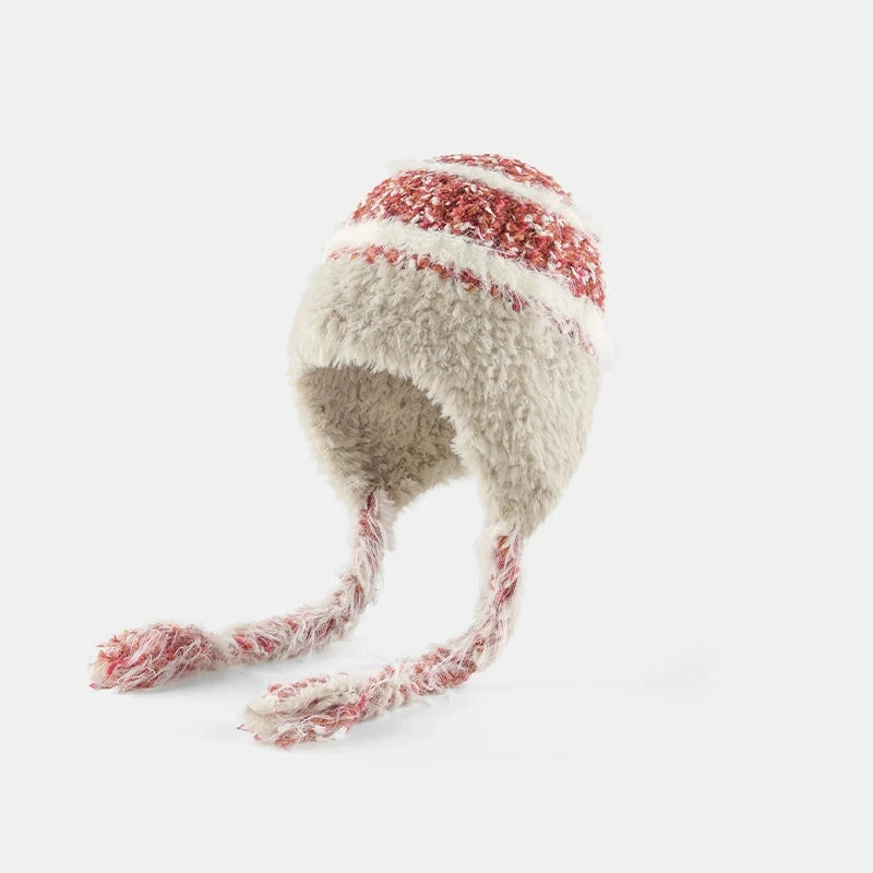 Ethnic Style Striped Knitted Hat for Women - Thickened Woolen Ear Protection