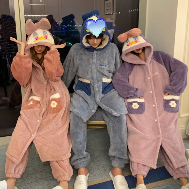 Cartoon Couple Pajamas Winter Plush Duck Loungewear Set