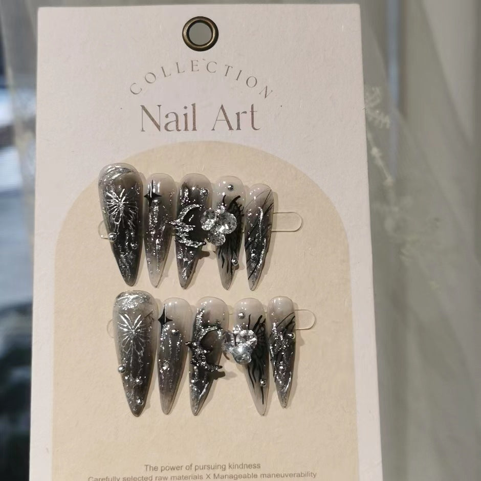 Original hand-worn nails metallic hand-painted liquid butterfly dark flowers are in full bloom Butterflies are detachable