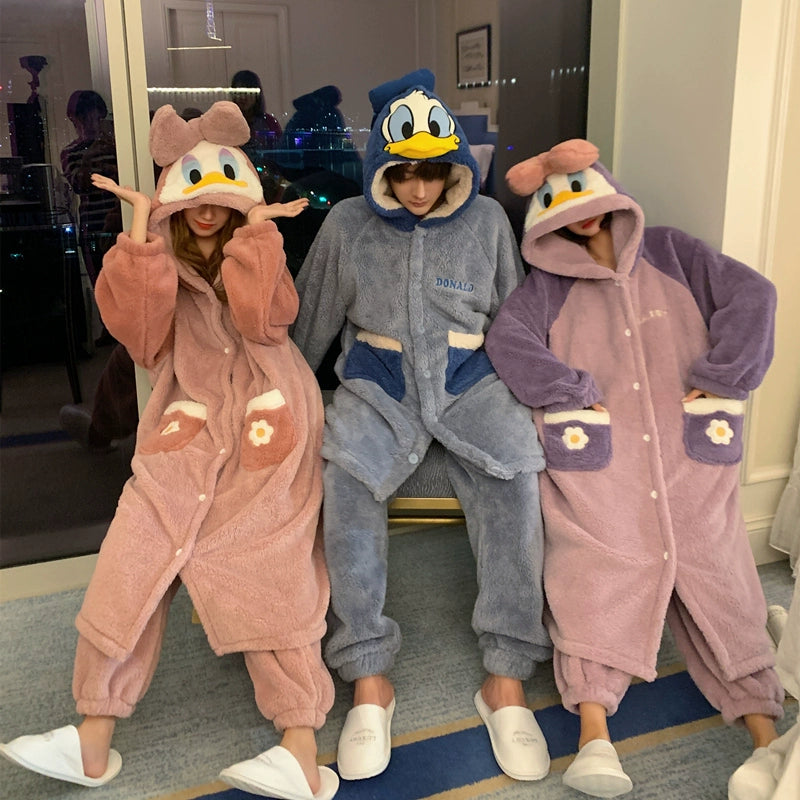 Cartoon Couple Pajamas Winter Plush Duck Loungewear Set