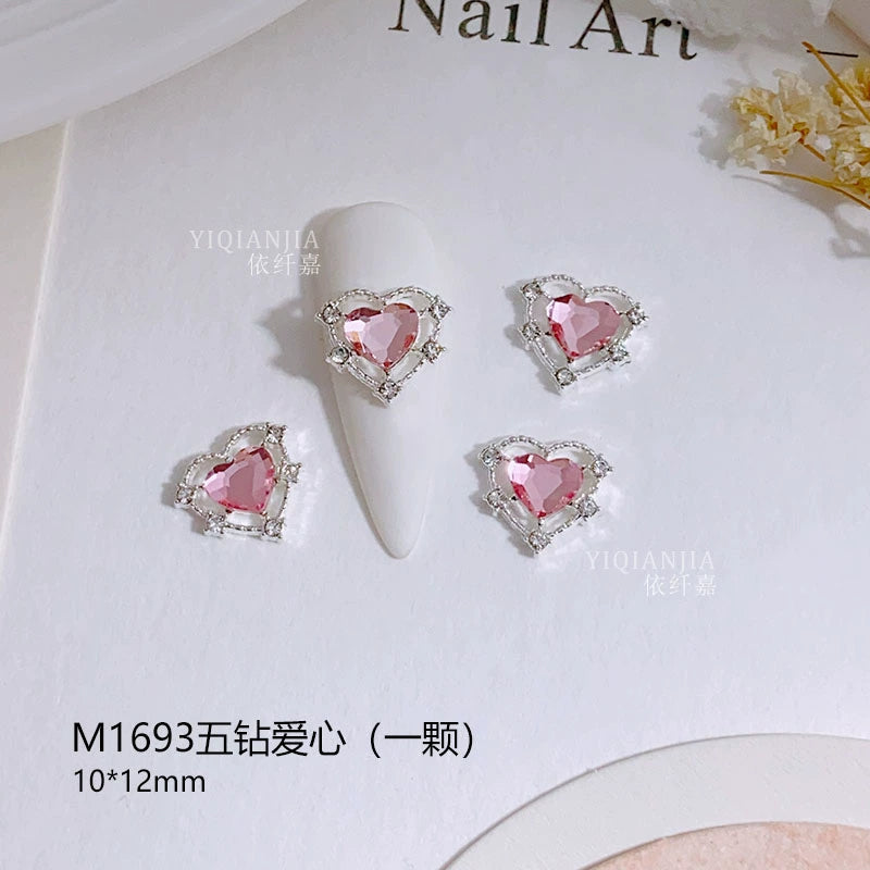 Pink Valentine's Day Nail Art Jewelry - Diamond Studded Peach Heart Butterfly