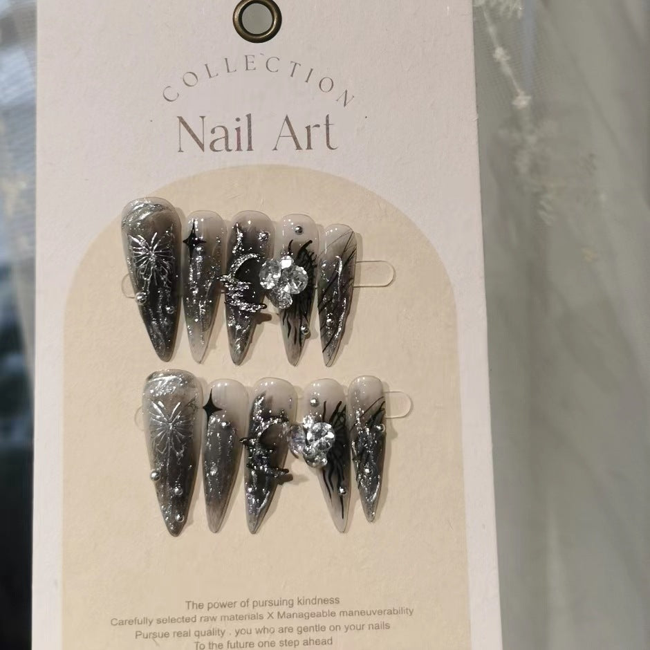 Original hand-worn nails metallic hand-painted liquid butterfly dark flowers are in full bloom Butterflies are detachable