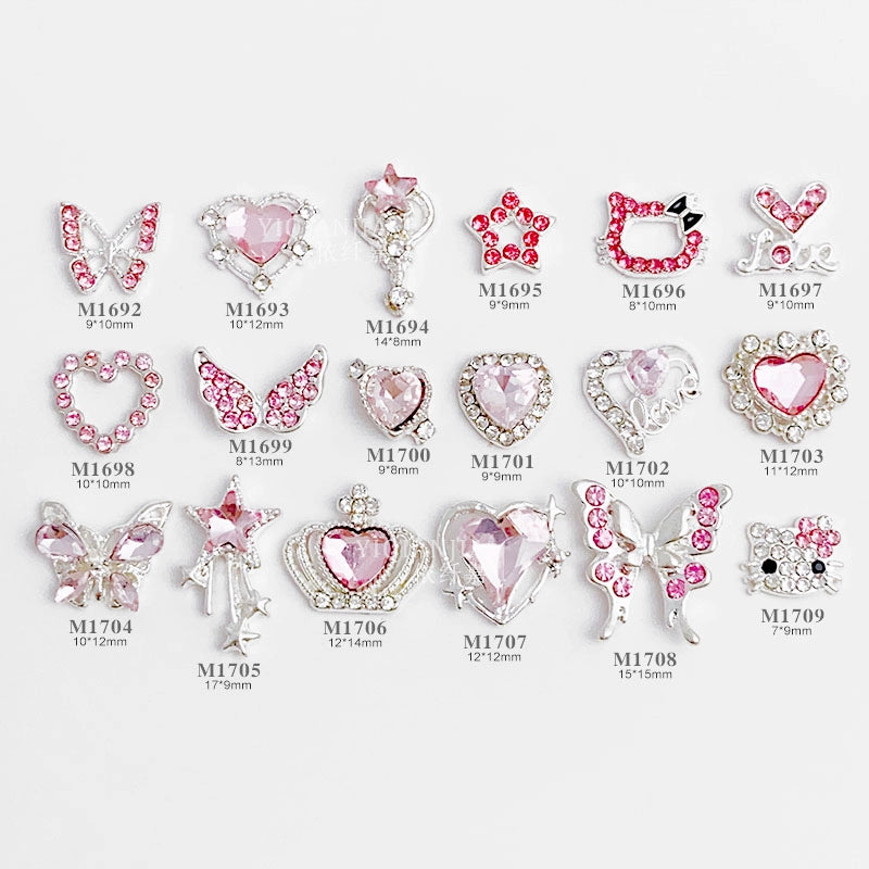 Pink Valentine's Day Nail Art Jewelry - Diamond Studded Peach Heart Butterfly