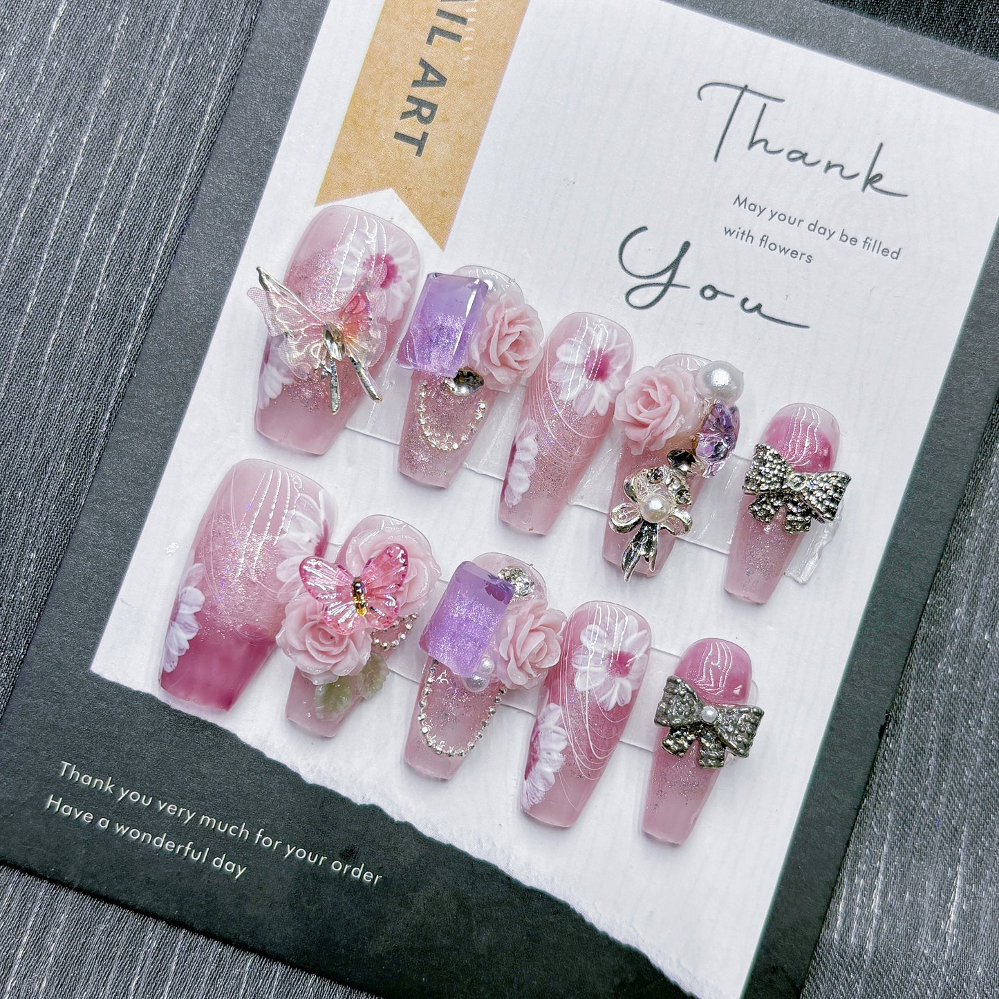 Peach Pink Butterfly Handmade Nail Art