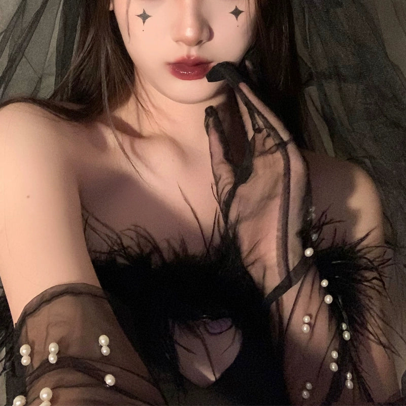 Fallen Angel Black Hair Ornament with Bow and Veil
