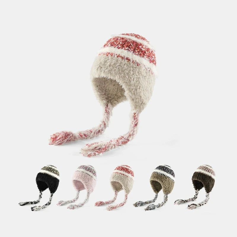Ethnic Style Striped Knitted Hat for Women - Thickened Woolen Ear Protection