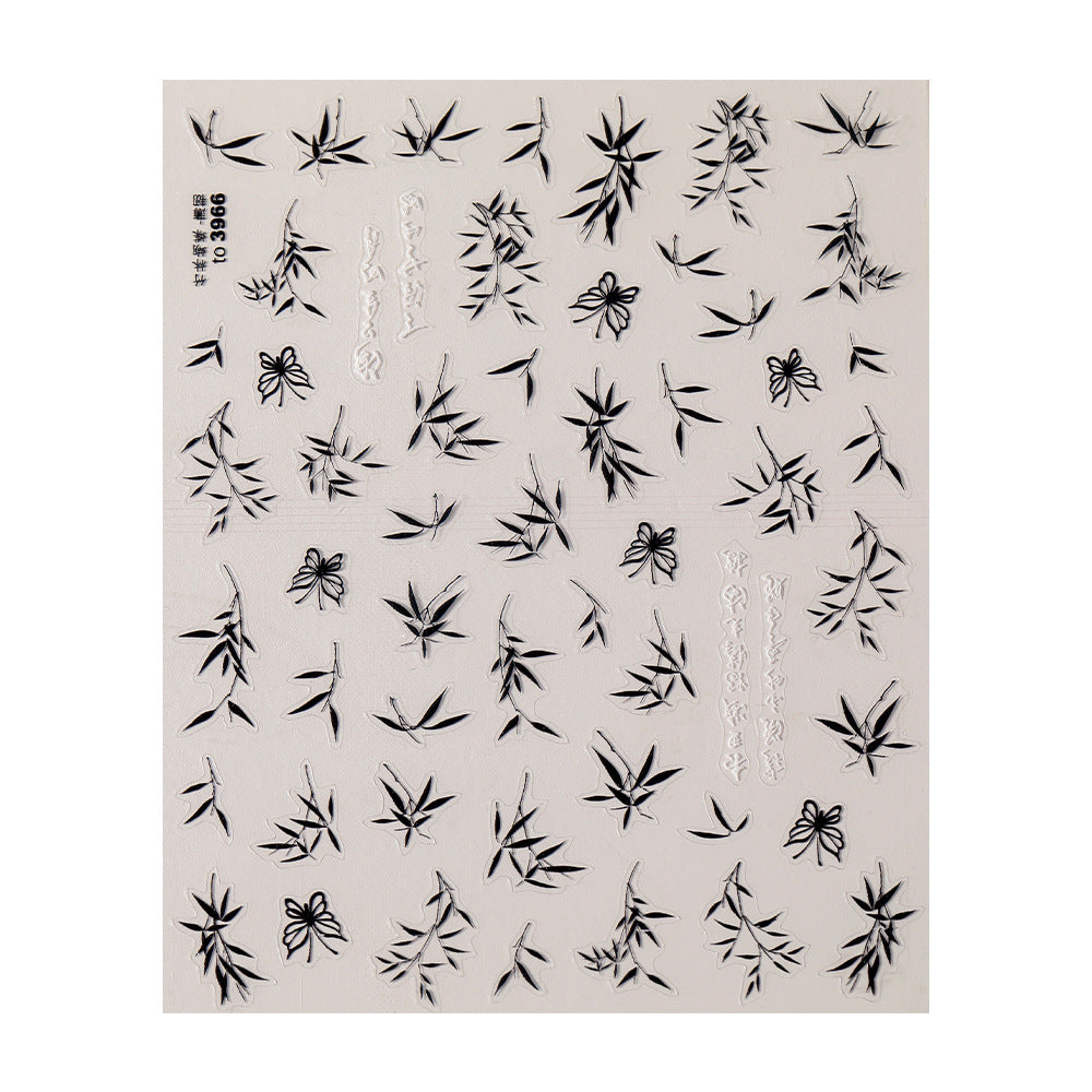 Black and White Bamboo Liquid Catkins Nail Art Stickers - Butterfly and Leaf Design
