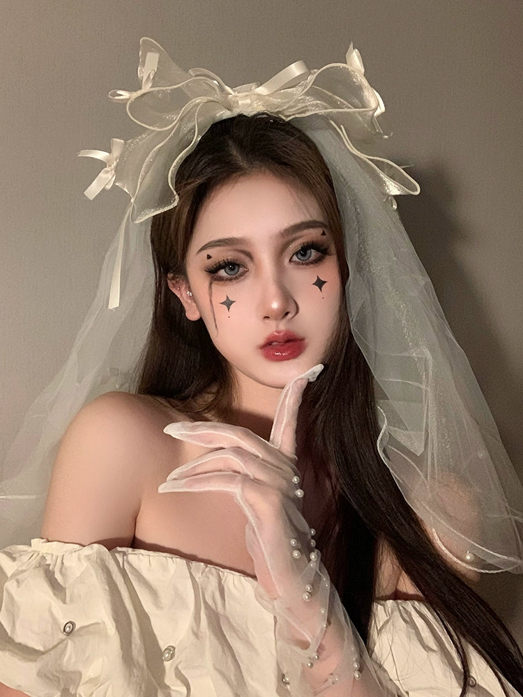 Fallen Angel Black Hair Ornament with Bow and Veil