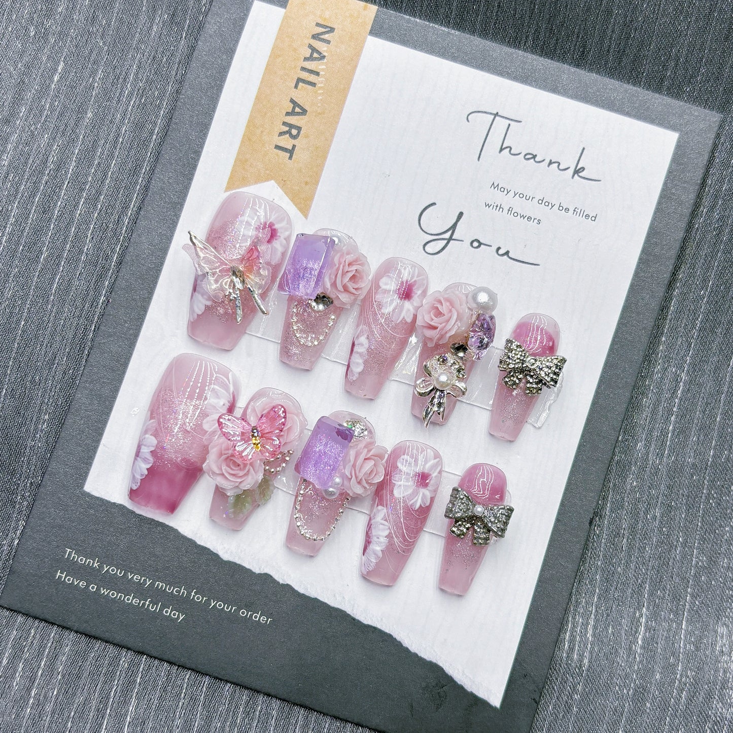 Peach Pink Butterfly Handmade Nail Art