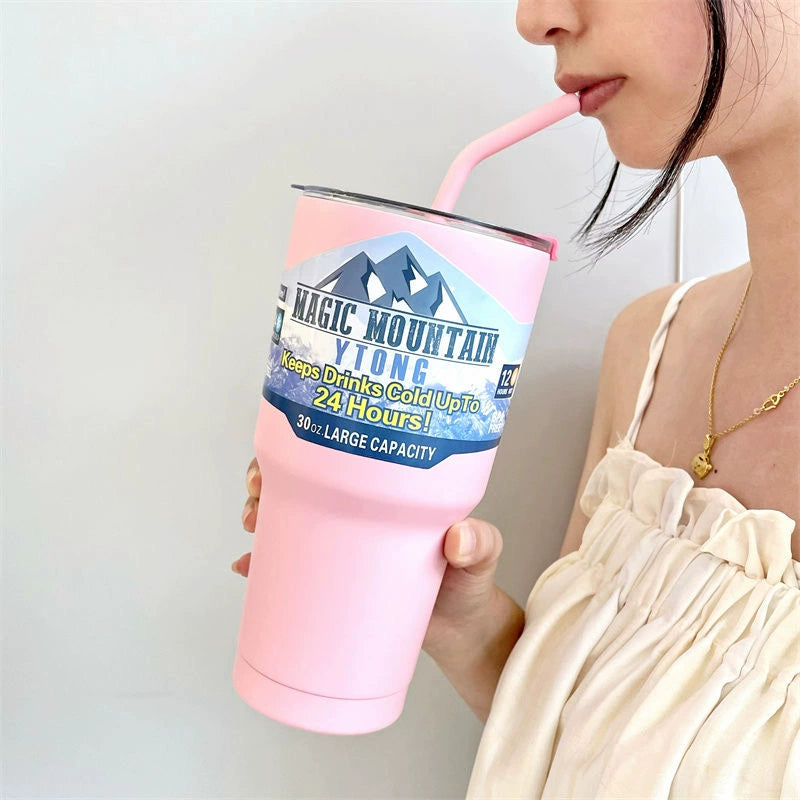 Large Capacity Female Straw Thermos Cup - 304 Stainless Steel