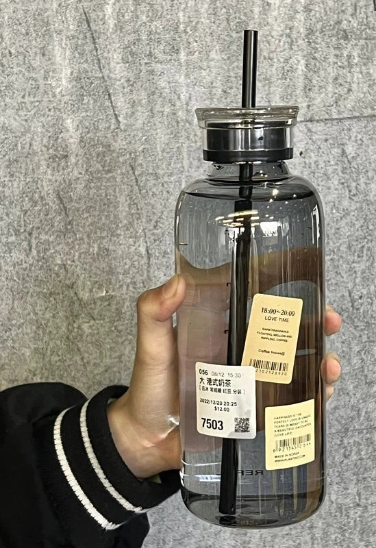 Large Capacity Ins Wind Glass Cup with Straw and Label Sticker
