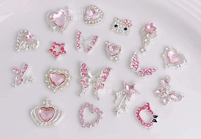 Pink Valentine's Day Nail Art Jewelry - Diamond Studded Peach Heart Butterfly