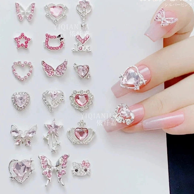 Pink Valentine's Day Nail Art Jewelry - Diamond Studded Peach Heart Butterfly
