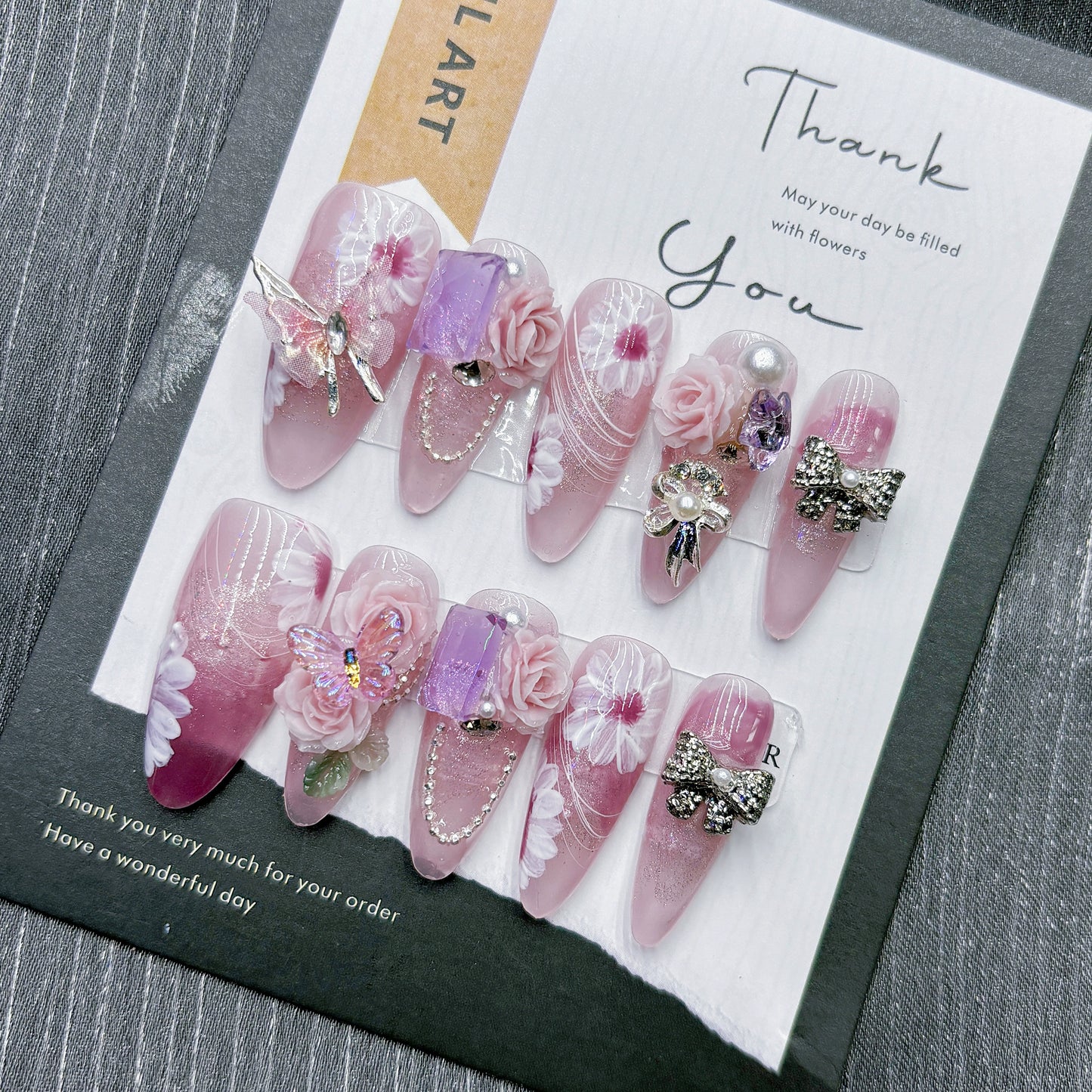 Peach Pink Butterfly Handmade Nail Art