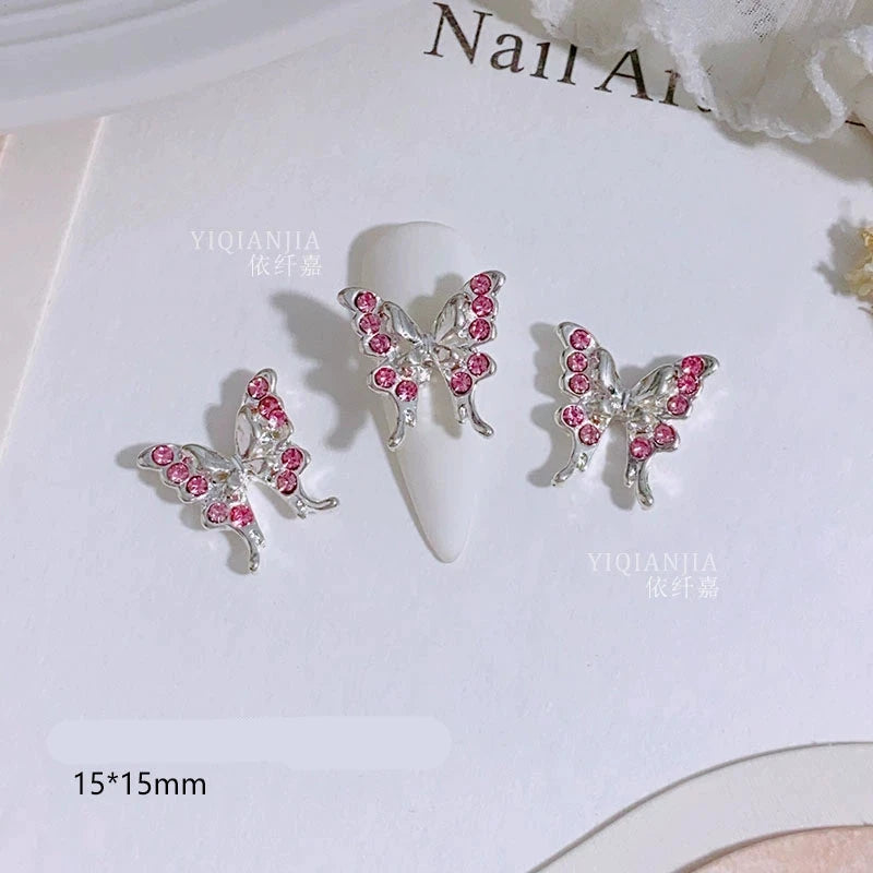 Pink Valentine's Day Nail Art Jewelry - Diamond Studded Peach Heart Butterfly