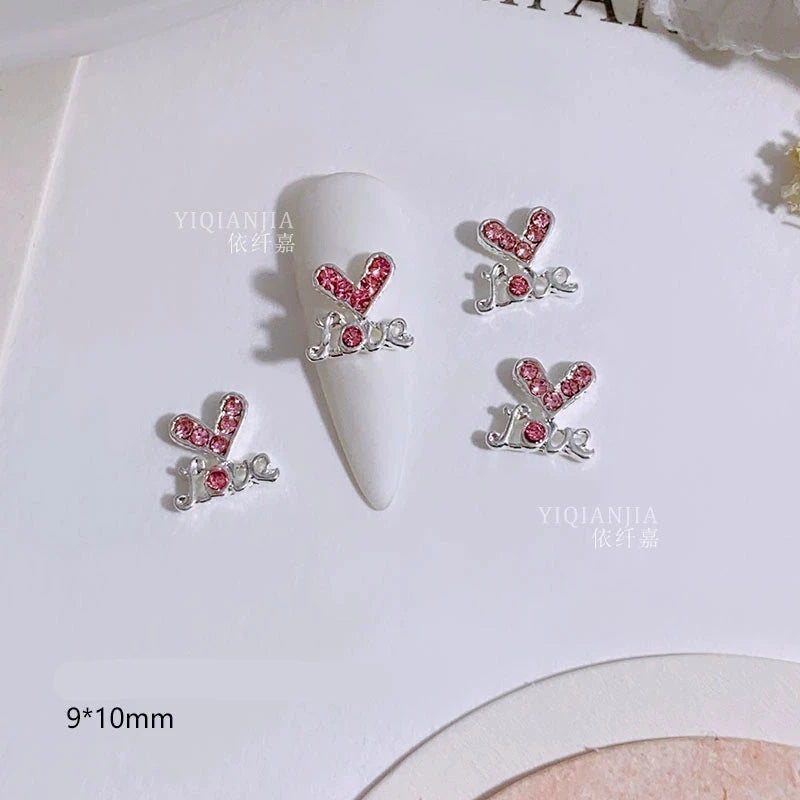 Pink Valentine's Day Nail Art Jewelry - Diamond Studded Peach Heart Butterfly
