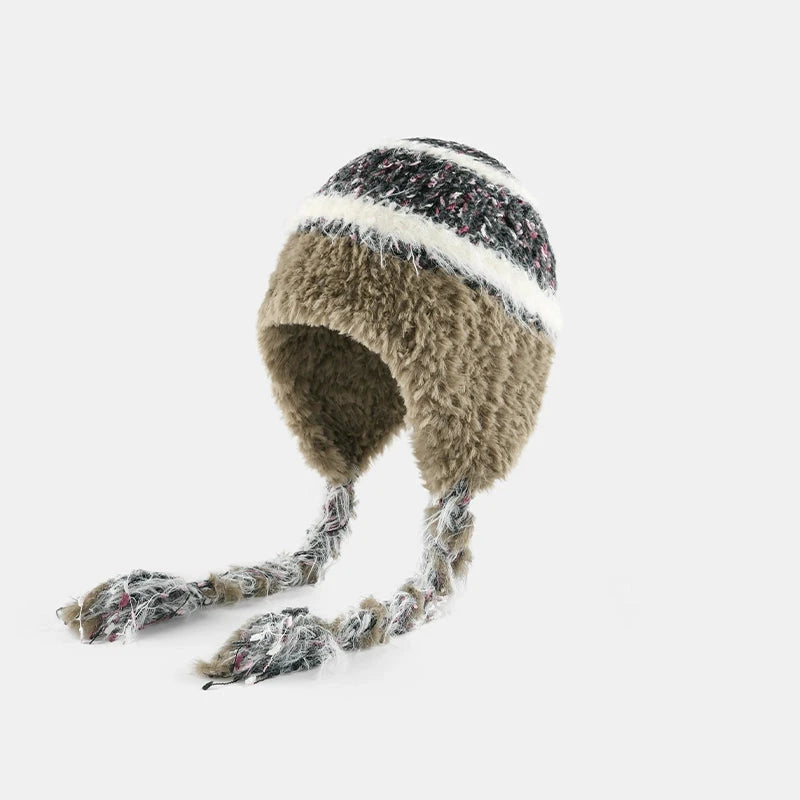 Ethnic Style Striped Knitted Hat for Women - Thickened Woolen Ear Protection