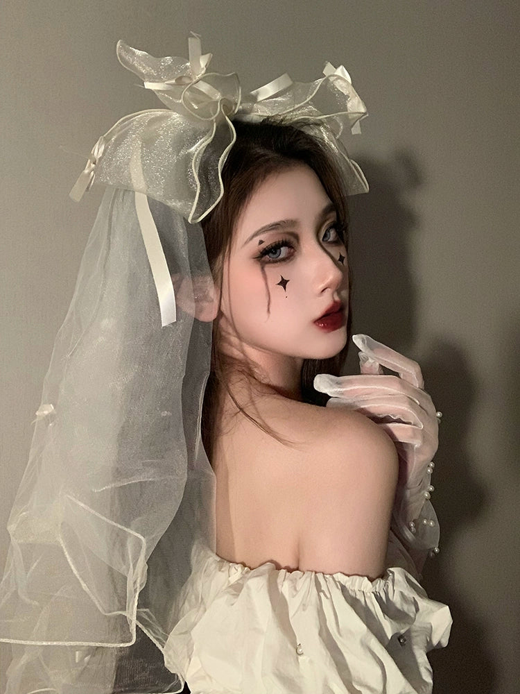 Fallen Angel Black Hair Ornament with Bow and Veil